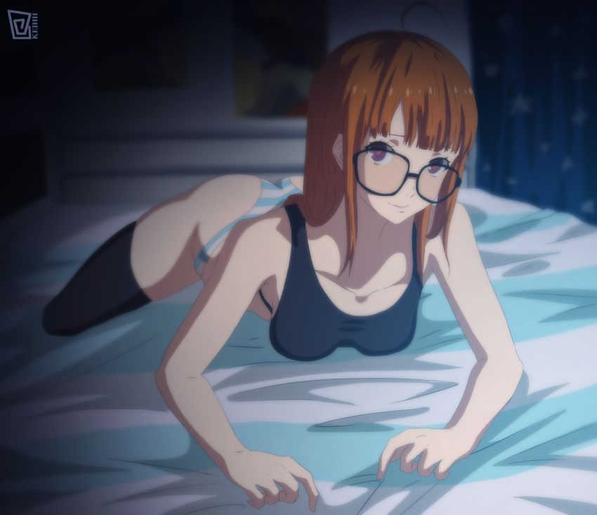 1girls accurate_art_style atlus auburn_hair black_bra bra breasts female glasses heart-shaped_pupils keihh neet nerd on_bed orange_hair panties persona persona_5 sakura_futaba shimapan sports_bra striped_panties