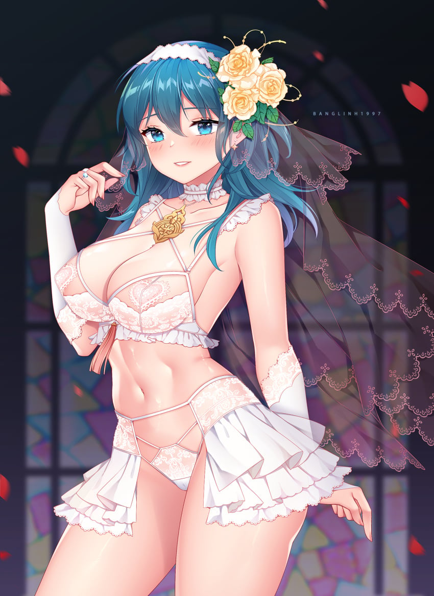 1girls areolae artist_name banglinh1997 bangs bare_shoulders blue_eyes blue_hair blush bra breasts bridal_gauntlets bridal_veil bride byleth_(fire_emblem) byleth_(fire_emblem)_(female) choker cleavage collarbone cowboy_shot earrings eyebrows_visible_through_hair female female_only fire_emblem fire_emblem:_three_houses flower flower_in_hair frilled_choker gem hair_flower hair_ornament hairband hand_up highres jewelry large_breasts lingerie long_hair looking_at_viewer medium_hair midriff nail_polish navel nintendo painted_fingernails panties parted_lips petals picot_trim picot_trim_bra picot_trim_lingerie pink_nails ring rose rose_petals_skirt second-party_source see-through showgirl_skirt skirt smile solo stained_glass stomach tassel teal_hair thighs toned underwear underwear_only veil wedding_dress wedding_lingerie wedding_ring white_bra white_choker white_hairband white_panties yellow_flower yellow_rose