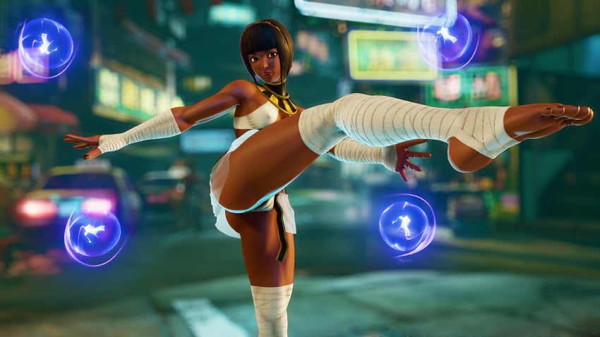 1girls 3d black_hair choker dark-skinned_female dark_skin egyptian feet female female_only green_eyes khaledantar666 kicking menat nakikawa outside petite short_hair solo street_fighter street_fighter_v toeless_legwear video_games wraps