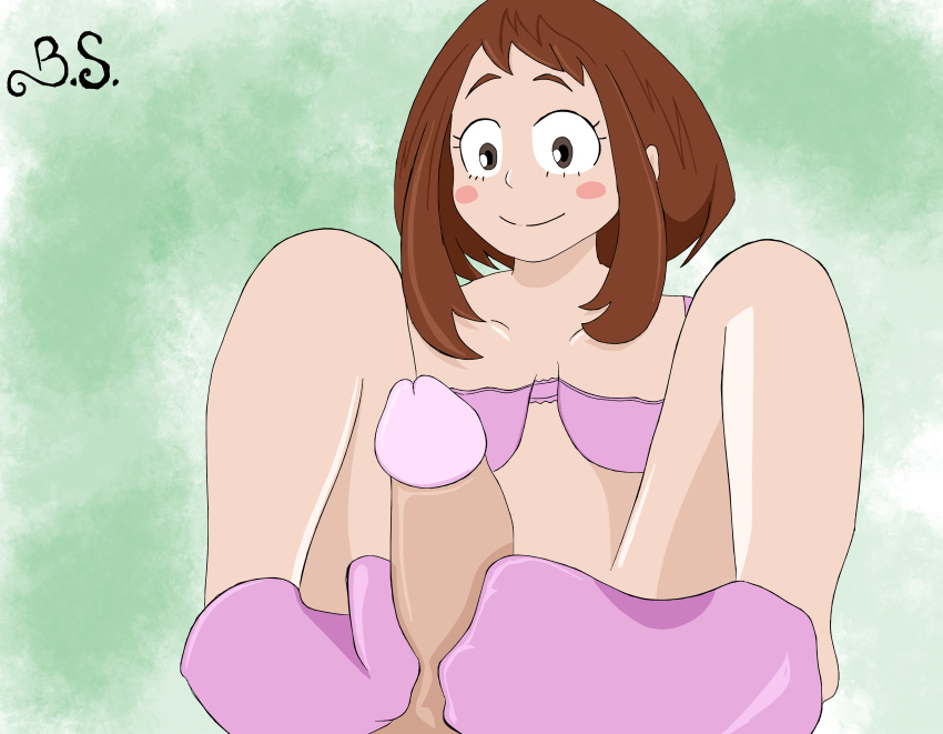 bluesocks bra brown_eyes brown_hair faceless_male footjob my_hero_academia ochako_uraraka penis pink_socks sockjob socks