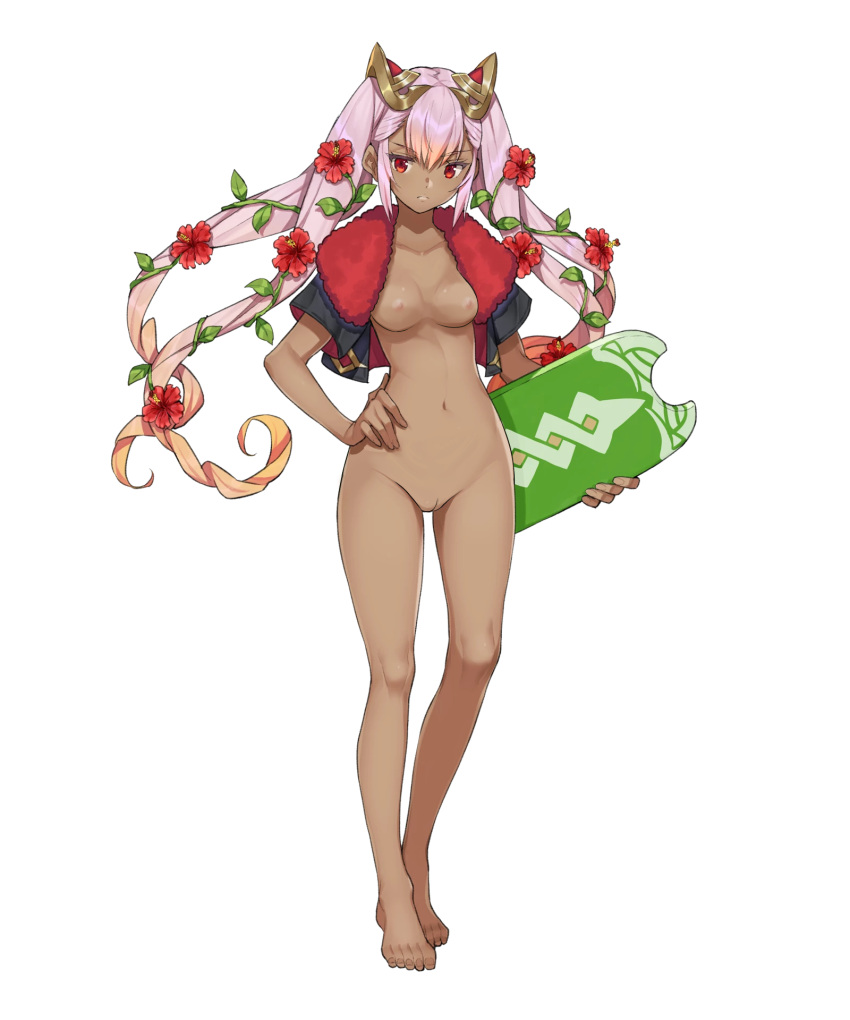 1girls bangs bare_legs barefoot black_jacket breasts closed_mouth criss-cross_halter cropped_jacket dark-skinned_female dark_skin edit eyebrows_visible_through_hair female fire_emblem fire_emblem_heroes flower full_body fur_trim gradient gradient_hair hair_flower hair_ornament halterneck hand_on_hip hibiscus highres holding jacket kickboard laevatein_(fire_emblem) laevatein_(summer)_(fire_emblem) lips long_hair looking_at_viewer medium_breasts multicolored_hair navel nintendo nipples nude_edit nude_filter official_art orange_hair pink_hair plant pussy red_eyes saitou_masatsugu serious shiny shiny_hair short_sleeves sidelocks simple_background solo standing swimsuit third-party_edit toes transparent_background twintails v-shaped_eyebrows vines