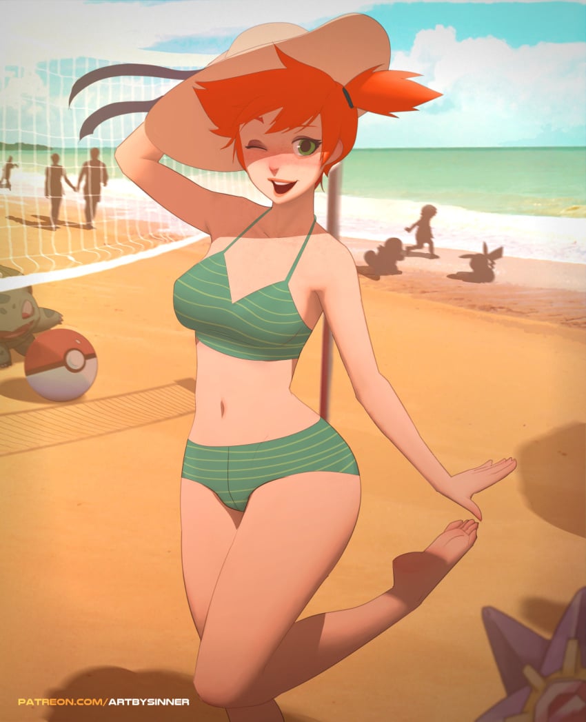 1girls ;d asymmetrical_hair background_characters bare_arms bare_legs bare_shoulders barefoot beach bikini bulbasaur clavicle day feet female freckles green_bikini green_eyes green_swimsuit hat high_resolution human kasumi_(pokemon) legs looking_at_viewer looking_back navel nintendo ocean one_arm_up one_eye_closed open_mouth orange_hair outdoors outstretched_arm outstretched_hand patreon_username pikachu pokémon_(species) pokemon pokemon_rgby ponytail red_hair sand short_hair side_ponytail silhouette sillygirl sinner smile solo_focus squirtle standing standing_on_one_leg starmie stomach striped striped_bikini striped_swimsuit sun_hat swimsuit tied_hair volleyball_net water watermark web_address wink