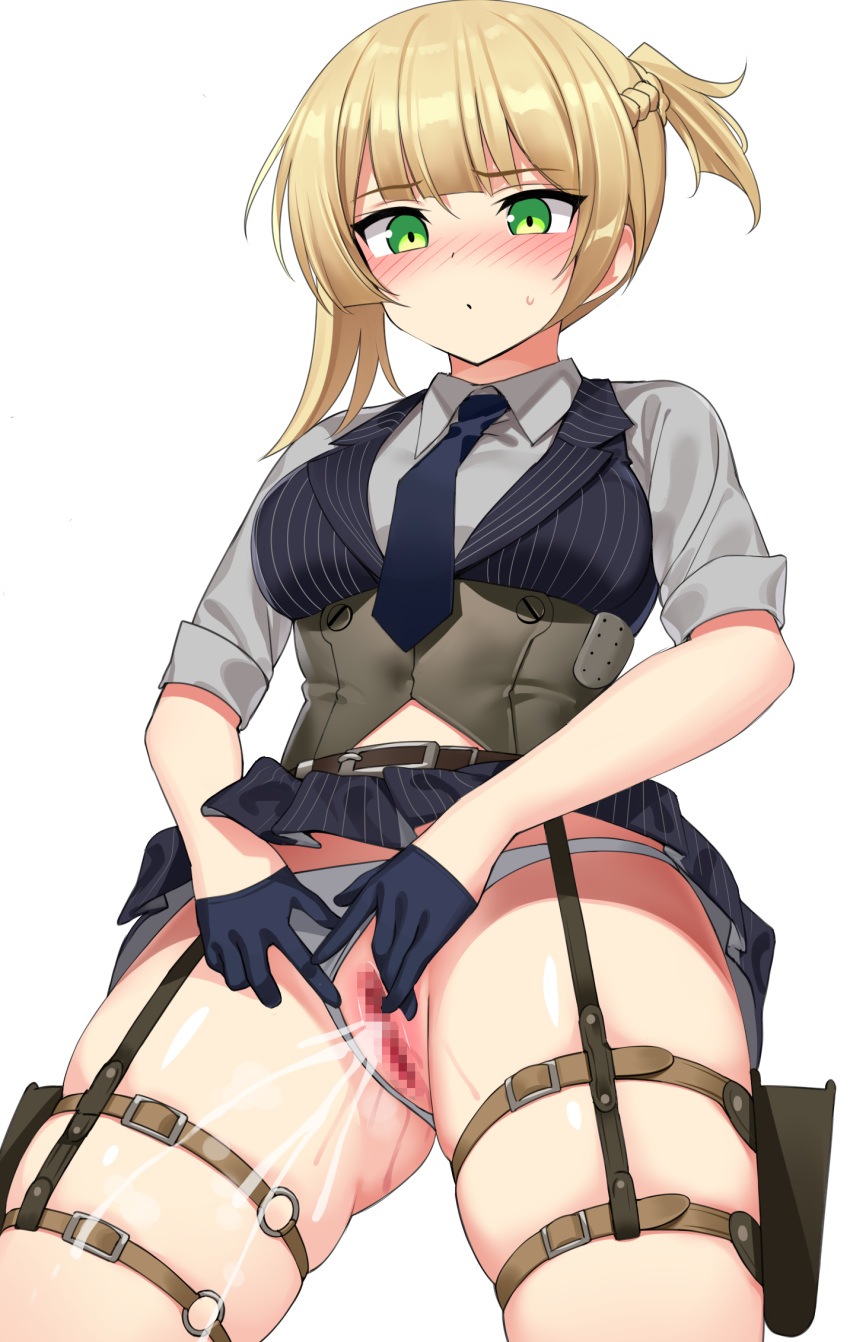 bangs black_vest blonde_hair blush braid breasts censored corset female french_braid girls'_frontline gloves green_eyes half_gloves highres holster large_breasts ndgd peeing pussy short_hair skirt skirt_lift sleeves_rolled_up standing standing_pee striped striped_vest thigh_holster thighs urinating urinating_female urination urine urine_drip urine_stream vertical-striped_vest vest welrod_mkii_(girls'_frontline)