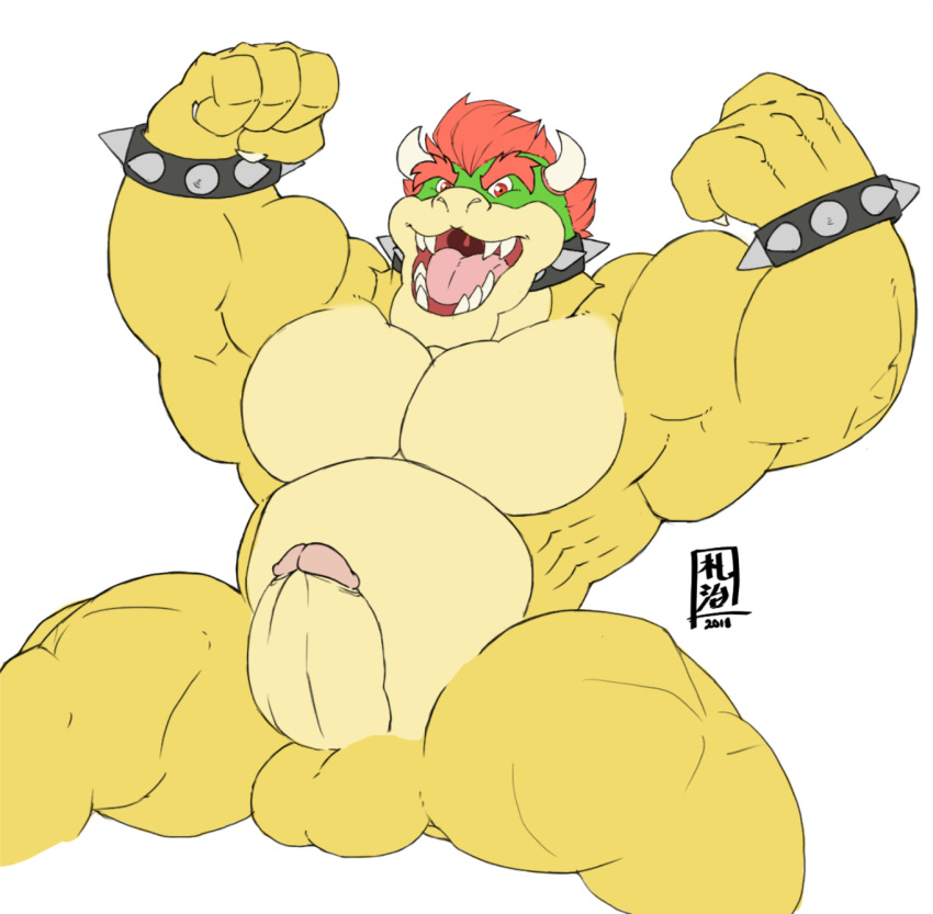 2018 4_fingers anthro balls bara big_muscles bowser bracelet champagnecub claws collar eyebrows fingers flexing genitals green_body green_scales hair hi_res horn huge_muscles humanoid_genitalia humanoid_penis jewelry koopa looking_at_viewer male male_only mario_(series) mostly_nude muscular muscular_anthro muscular_male nintendo open_mouth penis pink_tongue red_eyes red_hair scales scalie simple_background sitting solo spiked_bracelet spiked_collar spikes thick_eyebrows thick_penis tongue video_games white_background white_claws white_horn yellow_body yellow_scales