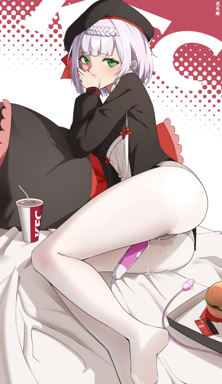 1girls apron ass barefoot burger covering_mouth egg_vibrator embarrassed eyelashes feet female food genshin_impact green_eyes hair_ornament hanami_e hat hi_res hips kfc legs legwear looking_at_viewer looking_back masturbation noelle_(genshin_impact) noelle_(kfc)_(genshin_impact) pantyhose pillow pleasure_face pussy_juice pussy_juice_stain pussy_juice_string saliva saliva_drip sex_toy short_hair solo_female thighs tights uniform vibrator white_hair white_legwear white_tights