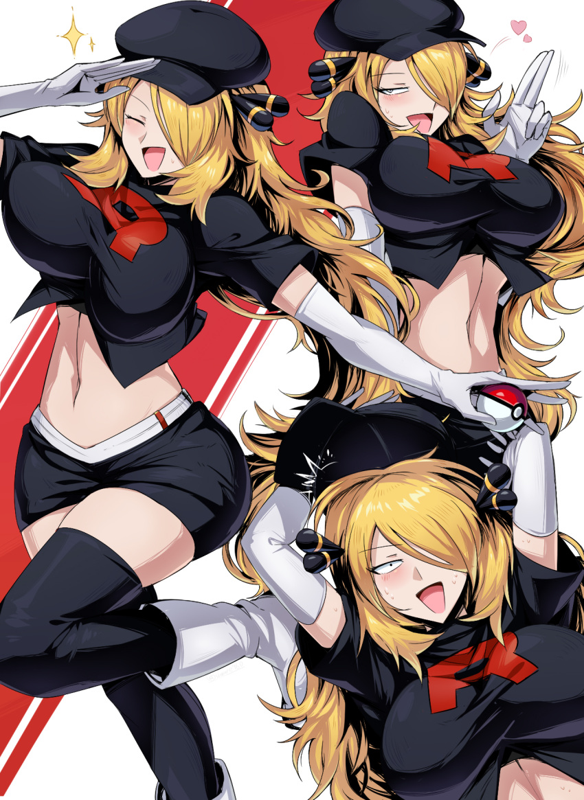 2021 bare_midriff belly_button big_breasts blonde_hair bouncing_breasts breasts cynthia_(pokemon) enemy_conversion game_freak hair_over_one_eye mature_female nintendo open_mouth pokemon pokemon_dppt suzusiigasuki tagme team_rocket team_rocket_uniform