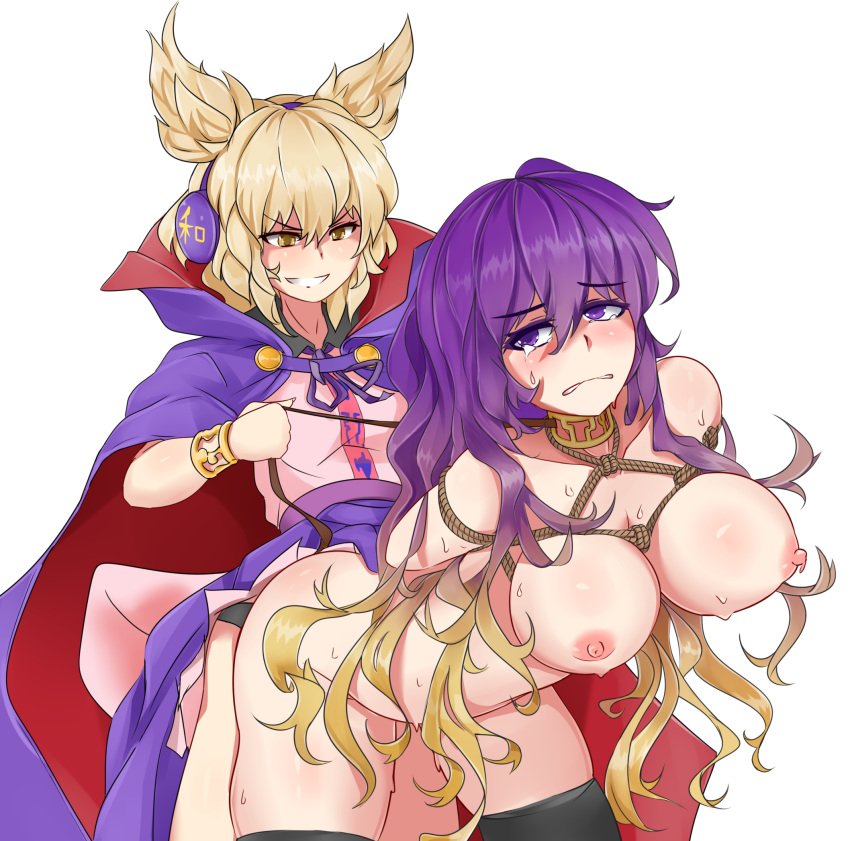 2girls armlet bondage bound breasts cape collar dildo earmuffs english_commentary frown gradient_hair grey_background grin highres hijiri_byakuren large_breasts leash light_brown_hair long_hair medium_hair multicolored_hair multiple_girls nipples pan-ooh pointy_hair purple_eyes purple_hair rope sex sex_toy simple_background smile strap-on tears thighhighs touhou toyosatomimi_no_miko yellow_eyes yuri