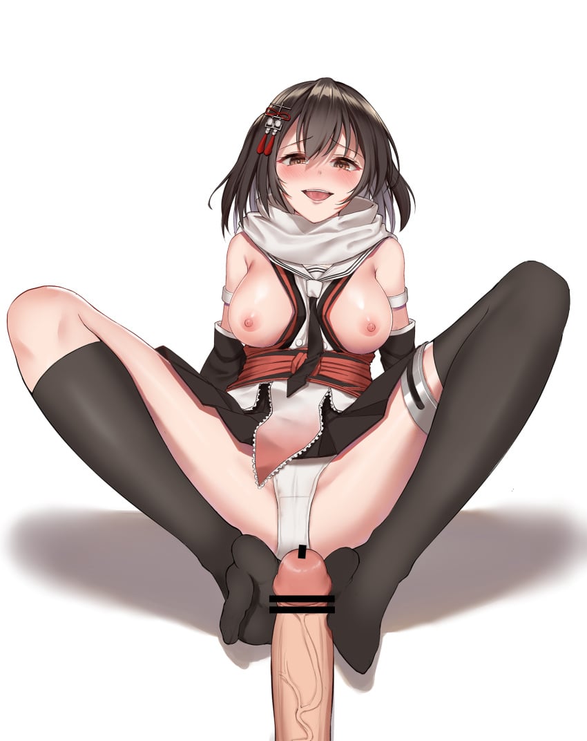 akashiro_yulice asymmetrical_legwear bar_censor black_eyes black_gloves black_legwear black_skirt blush breasts breasts_out brown_eyes censored elbow_gloves erection female footjob gloves hair_ornament highres kantai_collection kneehighs medium_breasts nipples panties penis remodel_(kantai_collection) scarf school_uniform sendai_(kantai_collection) serafuku single_kneehigh single_thighhigh skirt solo_focus thigh_strap thighhighs two_side_up underwear white_panties white_scarf