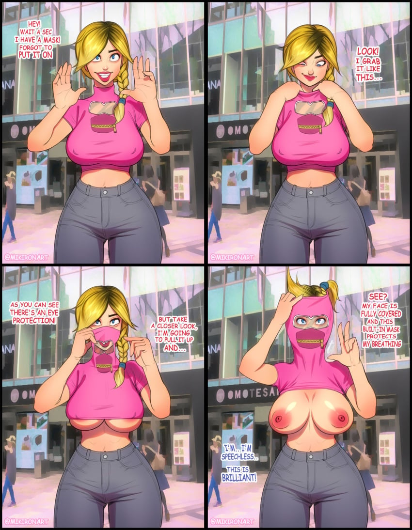 areolae big_breasts blonde_hair blue_eyes braid breasts breasts_out busty comic covid-19_pandemic crop_top erect_nipples exhibitionism female female_focus hourglass_figure large_breasts lipstick long_hair makeup mask mikiron nipple_bulge nipples oblivious pants peace_sign public public_nudity speech_bubble text tied_hair unaware_exhibitionist underboob undressing v wide_hips