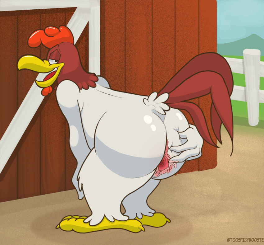 2020 andromorph anthro anus ass avian avian_caruncle barn beak bedroom_eyes bent_over big_butt bird bodily_fluids bubble_butt butt butt_grab chicken comb_(anatomy) cuntboy detailed_background dewlap_(anatomy) digital_drawing_(artwork) digital_media_(artwork) feathers fingers foghorn_leghorn galliform gallus_(genus) genderswap genderswap_(mti) genital_fluids genitals glistening glistening_butt hand_on_butt head_crest hi_res intersex leaning leaning_forward leghorn_chicken looking_at_viewer looking_back looking_back_at_viewer looney_tunes male male_only multicolored_body multicolored_feathers narrowed_eyes nude open_beak open_mouth open_smile outside phasianid presenting presenting_hindquarters presenting_pussy pussy pussy_juice rear_view red_body red_feathers red_tongue rule_63 seductive shaded signature sky smile soft_feathers solo solo_focus spicyrooster spread_pussy spreading tongue warner_brothers wattle wet white_body white_feathers yellow_beak