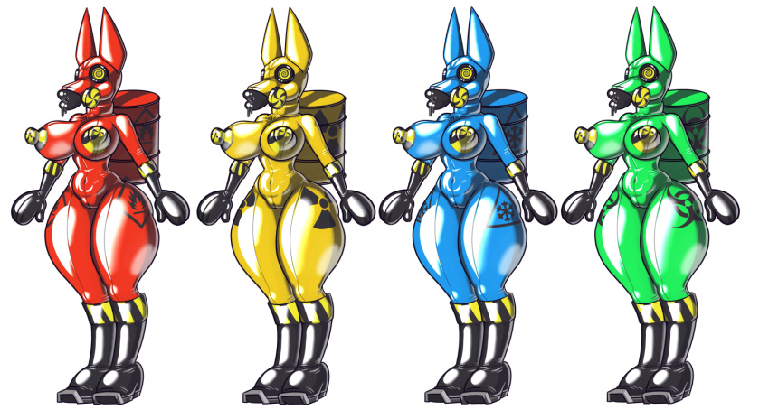 2021 anubian_jackal big_breasts blue_body boots breasts canid canine canis clothing footwear gas_mask gas_tank gloves green_body group handwear hazmat_creature hazmat_suit hi_res jackal mammal mask nipples nuclear_symbol red_body rubber skinsuit spiral_eyes symbol tight_clothing wide_hips yellow_body