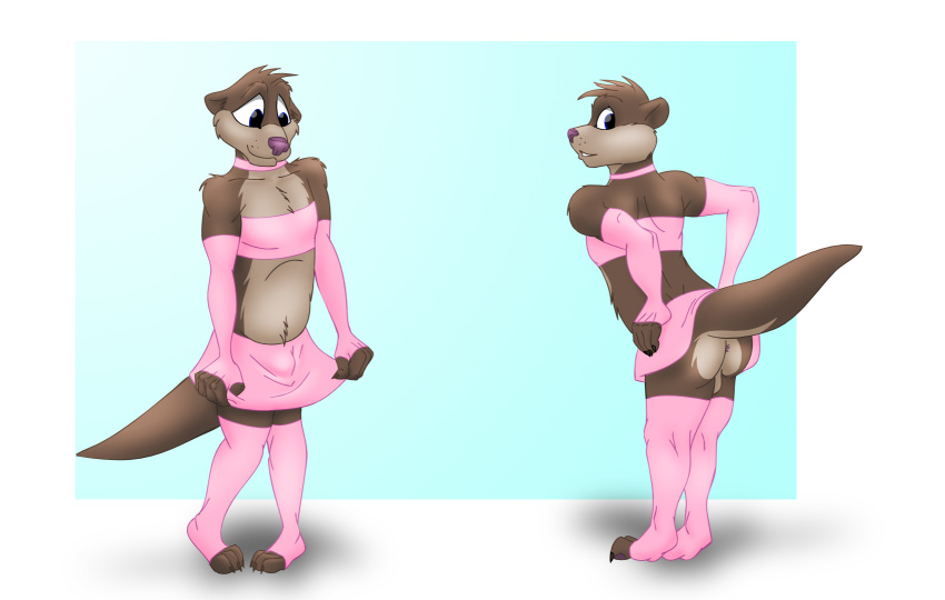 anthro anus arm_warmers armwear ass backsack balls bottomwear bulge clothed clothing crossdressing dizzyvixen feet genitals girly hi_res legwear lutrine male mammal mustelid presenting raised_tail shy skirt solo stockings toes topwear tube_top