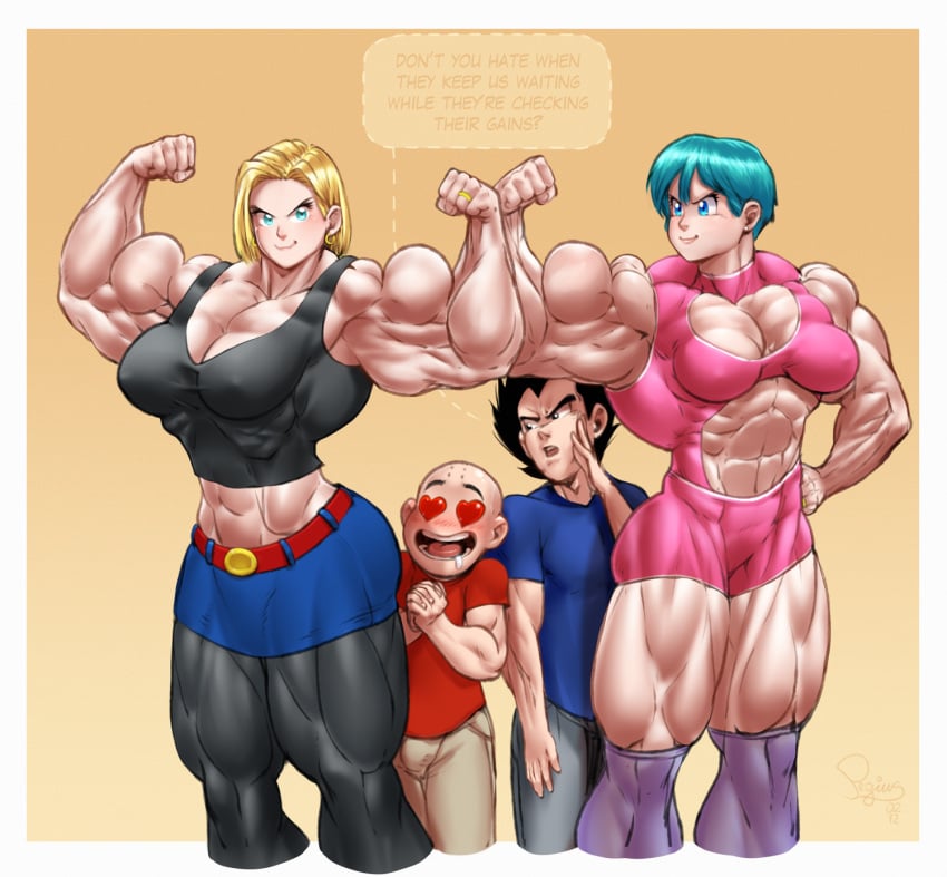 2girls android_18 blonde_hair blue_eyes bulma_briefs cameltoe cleavage curvy dragon_ball erect_nipples female huge_areolae huge_ass huge_breasts krillin kuririn multiple_girls muscular_female pegius puffy_nipples short_hair thick_lips vegeta voluptuous wide_hips