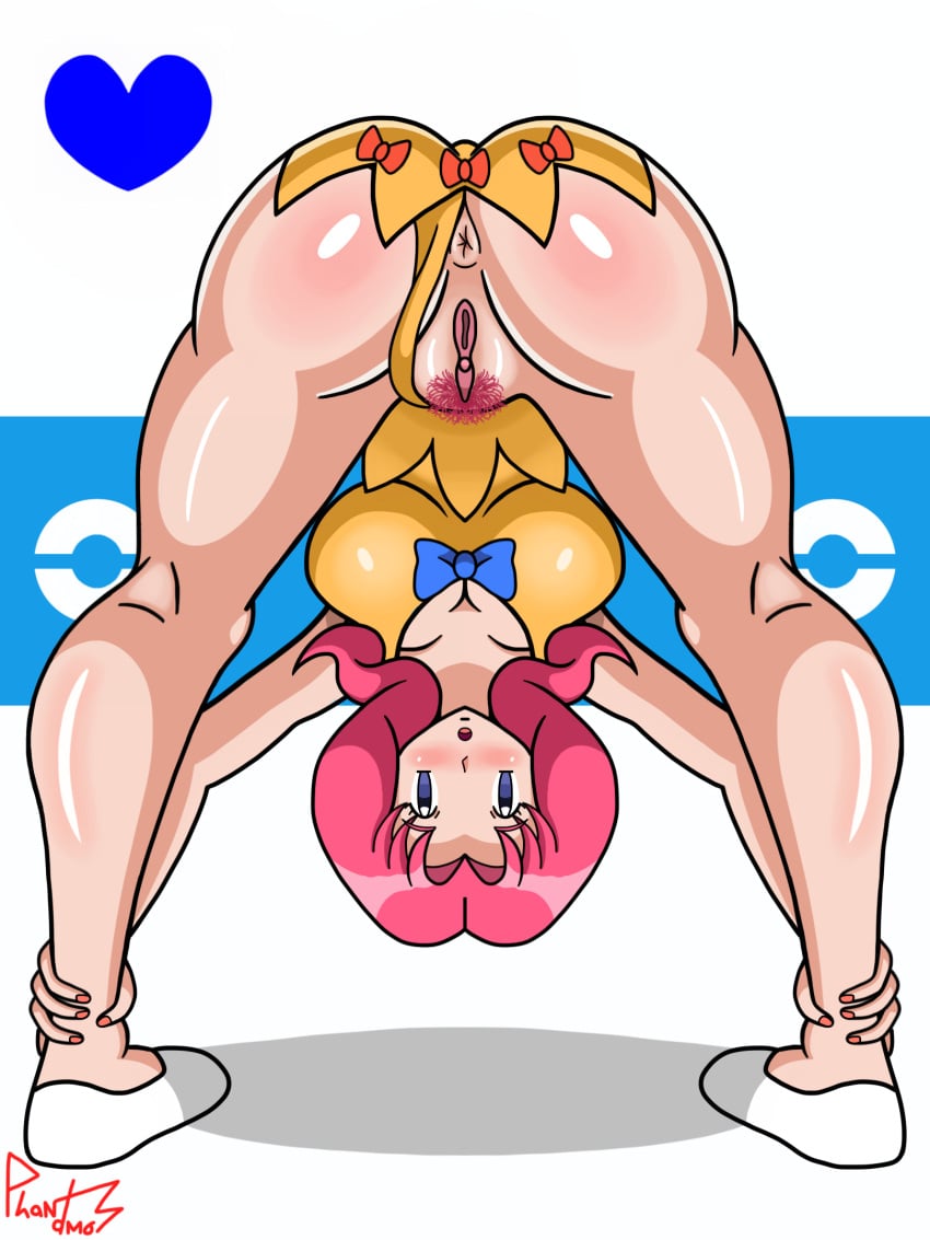 1girls ankle_grab anus ass back_view bent_over blue_eyes blush breasts dress female heart human lily_(pokemon) looking_at_viewer nintendo panties panties_aside phantamos pink_hair pokemon pubic_hair pussy shadow spread_legs spreading standing underwear vagina