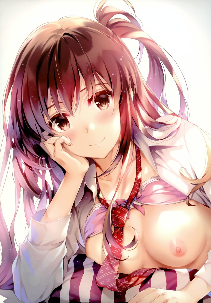 1girls absurdres areolae bangs blush bow bow_bra bra breasts brown_eyes brown_hair closed_mouth collarbone comic_aun female fingernails head_rest highres long_hair long_sleeves looking_at_viewer lying medium_breasts misaki_kurehito necktie nipples on_stomach open_clothes pillow scan shiny shiny_skin shirt simple_background smile solo striped striped_pillow tied_hair underwear white_shirt