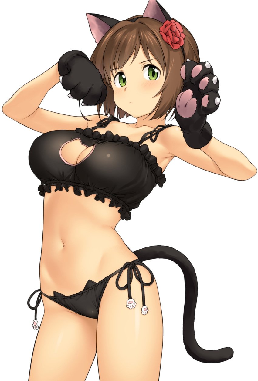 black_panties breasts cat_ears cat_lingerie green_eyes idolmaster idolmaster_cinderella_girls maekawa_miku medium_breasts short_hair underwear_only