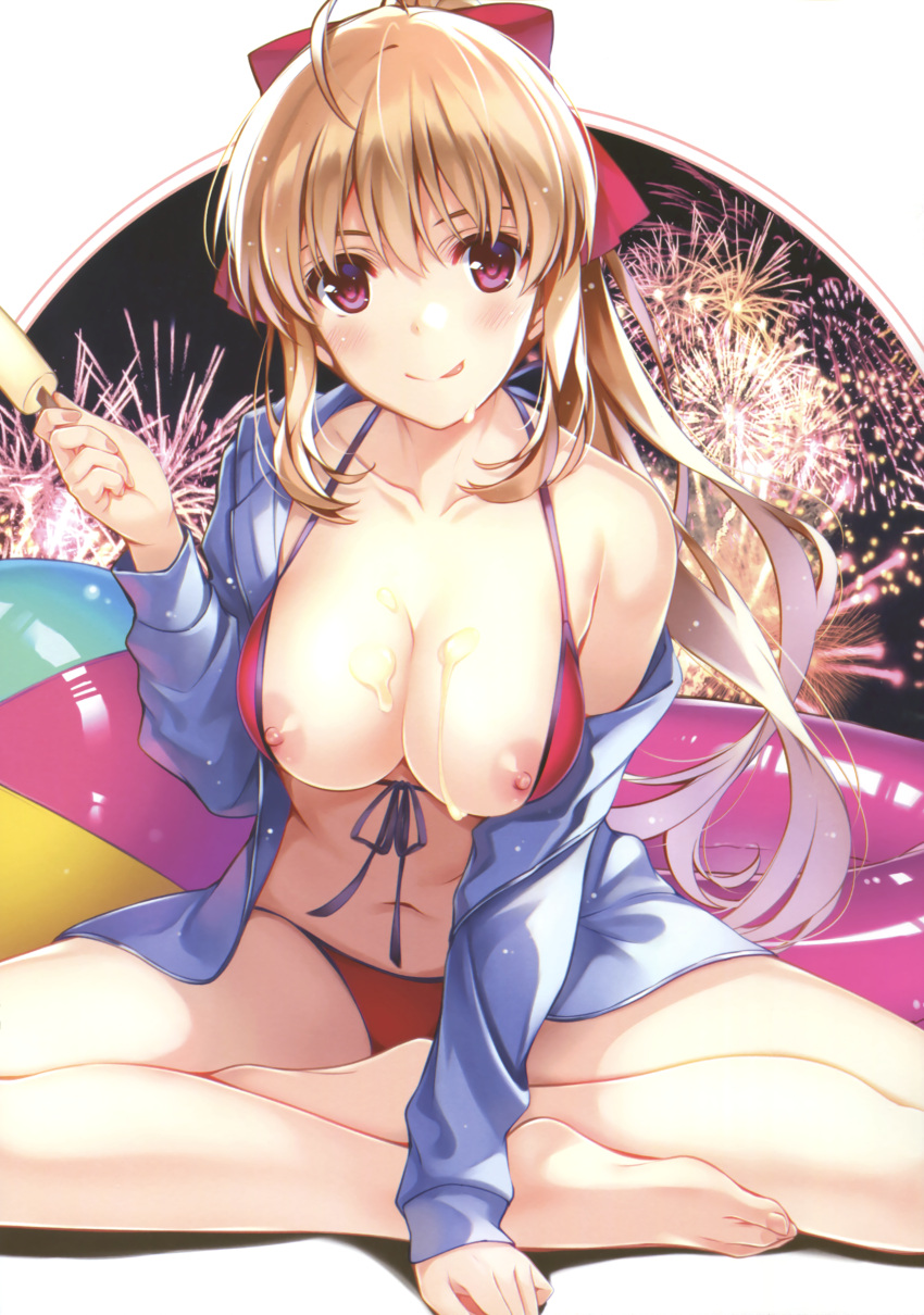 1girls :p absurdres aerial_fireworks ahoge arm_support ball barefoot beachball bikini blush breasts collarbone comic_aun cover dripping female fireworks food food_on_body front-tie_top highres innertube jacket large_breasts light_brown_hair long_hair looking_at_viewer misaki_kurehito mizuhara_erika navel nipple_slip nipples open_clothes open_jacket ponytail popsicle rating red_bikini red_eyes scan sidelocks sitting sitting_indian_style solo swimsuit tongue tongue_out very_long_hair