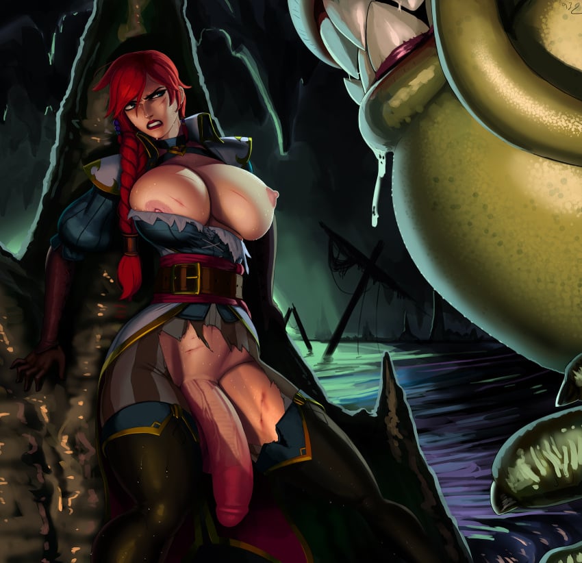 1futa aka6 big_breasts big_penis bilgewater_series captain_fortune captured clothed clothing clothing_damage functionally_nude futanari human league_of_legends light_skin miss_fortune mostly_clothed nipples red_hair sweat tahm_kench thighhighs veins veiny_penis