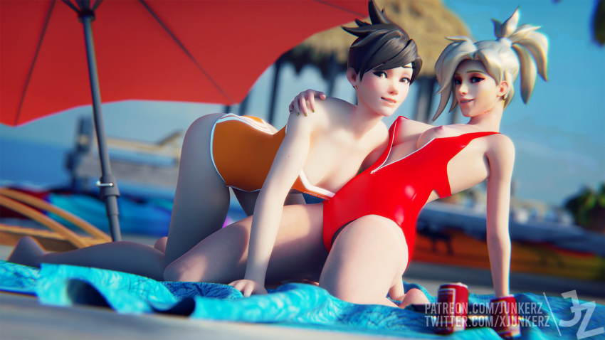 2girls 3d angela_ziegler blizzard_entertainment clothed exposed_breasts exposed_nipples female female_only highres junkerz lena_oxton lifeguard_mercy lifeguard_tracer mercy overwatch tracer unzipped_bodysuit yuri