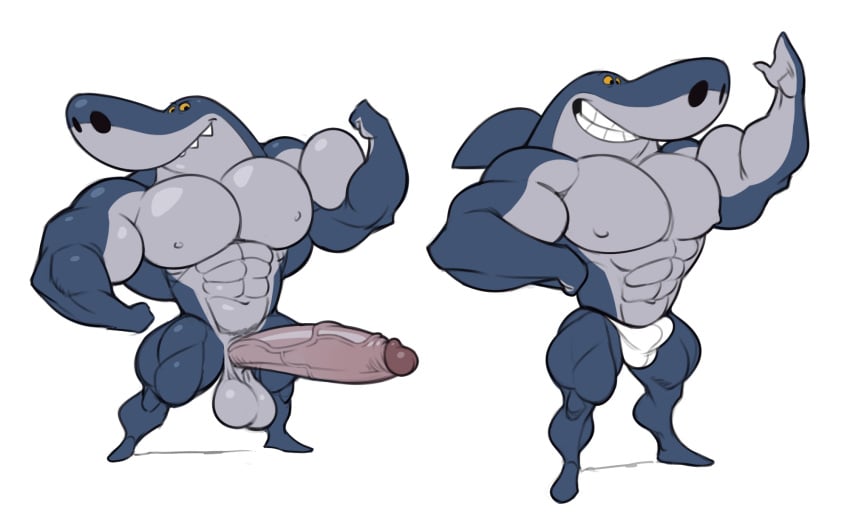 abs analon_(artist) anthro balls biceps big_penis bulge clothing fin fish flexing genitals grey_body hi_res huge_cock male male_only marine muscular muscular_anthro muscular_male nipples pecs penis shark sharko smile solo teeth toomanyboners underwear zig_and_sharko