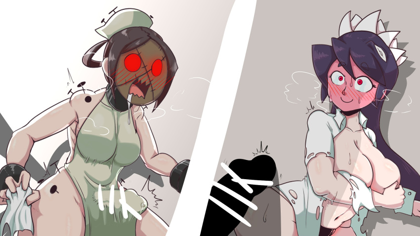 1futa 1girls big_breasts breasts censored clothed clothing erection_under_clothes filia_(skullgirls) flustered futanari imminent_sex lab_zero_games light_skin mask masked painting_fish painwheel penis samson_(skullgirls) skullgirls