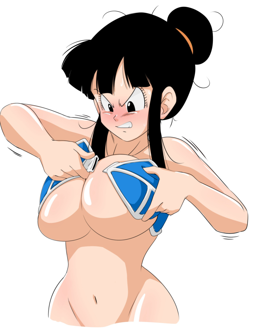 1girls armor bikini_armor black_eyes black_hair breasts caisama chichi chichi's_armor dragon_ball dragon_ball_z female female_only huge_breasts shounen_jump solo tight_clothing