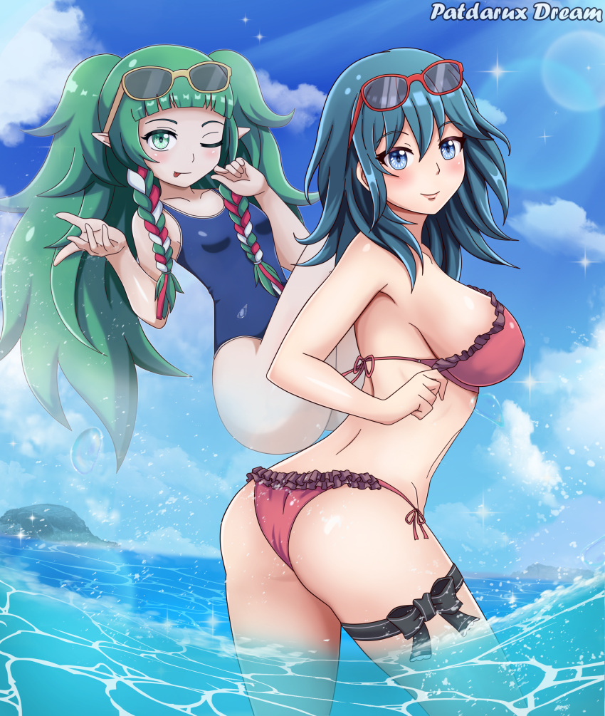 absurdres alternate_costume ass bikini blue_eyes blush breasts byleth_(fire_emblem) byleth_(fire_emblem)_(female) eyewear_on_head female_only fire_emblem fire_emblem:_three_houses green_eyes green_hair highres large_breasts looking_at_viewer medium_hair nintendo ocean one-piece_swimsuit one_eye_closed patdarux red_bikini small_breasts smile sothis_(fire_emblem) sticking_out_tongue summer sunglasses swimsuit swimwear teal_hair tongue tongue_out