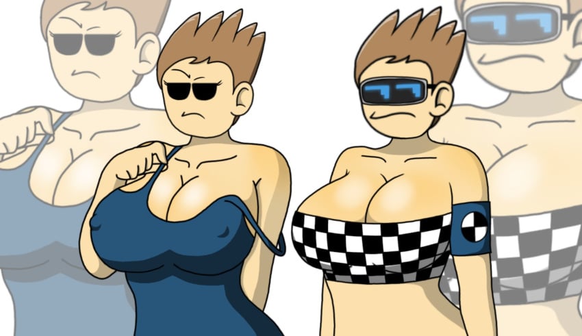 2girls black_sclera brown_hair eddsworld female_only future_tom_(eddsworld) rule_63 short_hair solo strap_slip strapless_bra tom_(eddsworld)