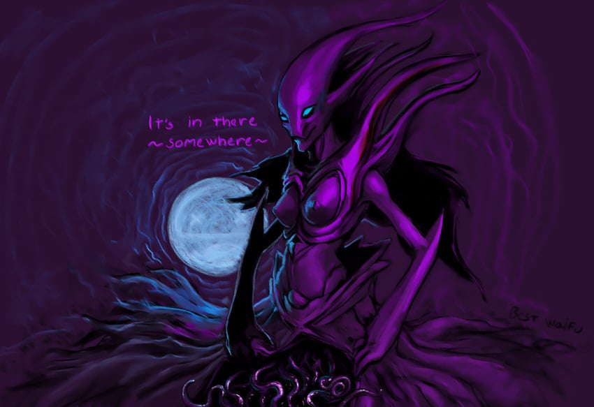 blue_eyes bodily_fluids breasts detailed_background dota dota_2 female humanoid meandraco mercurial_the_spectre monster_girl not_furry nude purple_body smile solo spectre_(dota_2) spirit spreading tentacle text video_games