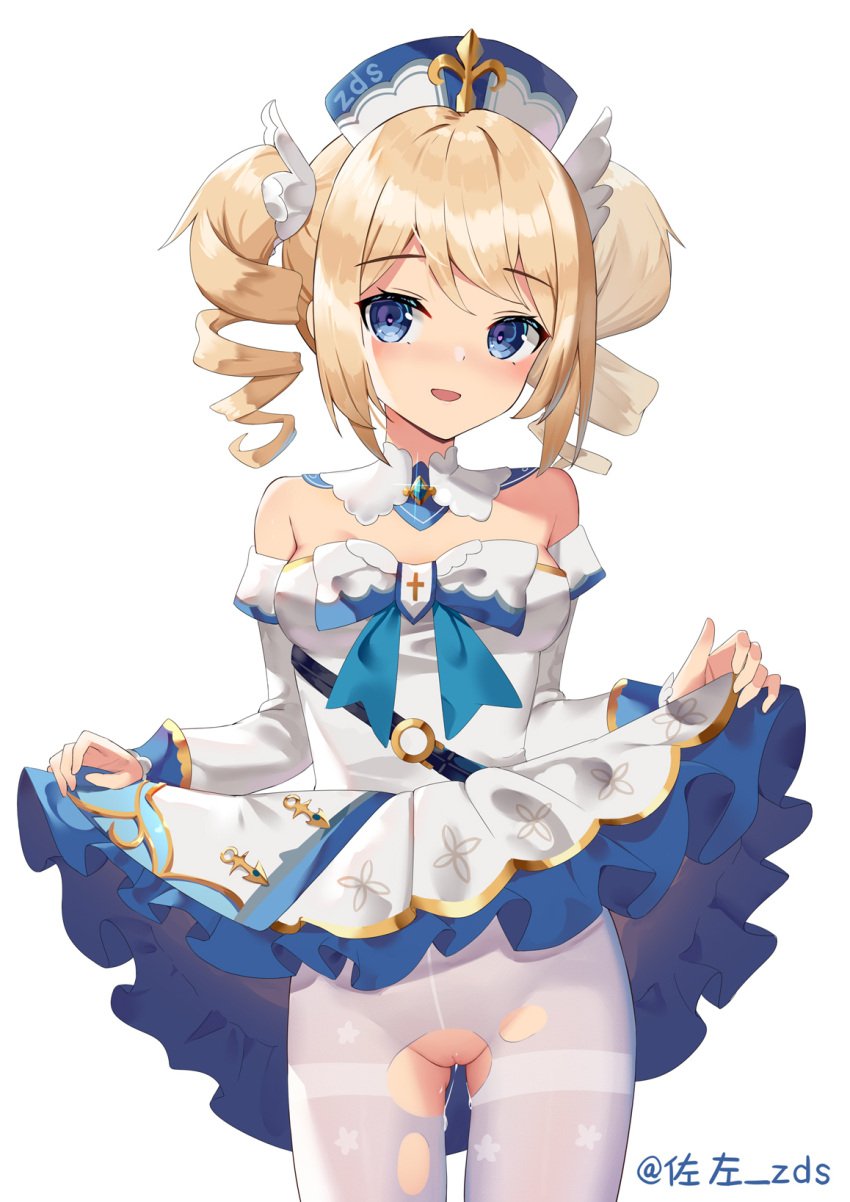 :d artist_name barbara_(genshin_impact) bare_shoulders blonde_hair blue_eyes blue_headwear blush breasts detached_sleeves dress dress_lift drill_hair female genshin_impact hat heart-shaped_pupils highres lifted_by_self long_sleeves looking_at_viewer no_panties nun open_mouth pantyhose pleated_dress pussy pussy_juice sakutaishi simple_background small_breasts smile solo standing strapless strapless_dress thighband_pantyhose torn_clothes torn_legwear torn_pantyhose twin_drills twintails twitter_username uncensored white_background white_dress white_legwear white_sleeves zds