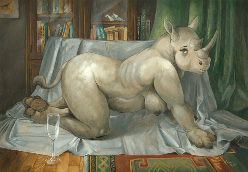 1girls all_fours amazing_background anthro areola bookshelf breasts detailed_background female furniture furry hanging_breasts horn inside living_room looking_at_viewer mammal nipples nude oil_painting_(artwork) painting_(artwork) parted_lips pinup pose rhino rhinoceros rhinocerotoid scale_(artist) slightly_chubby solo traditional_media_(artwork) wine_glass