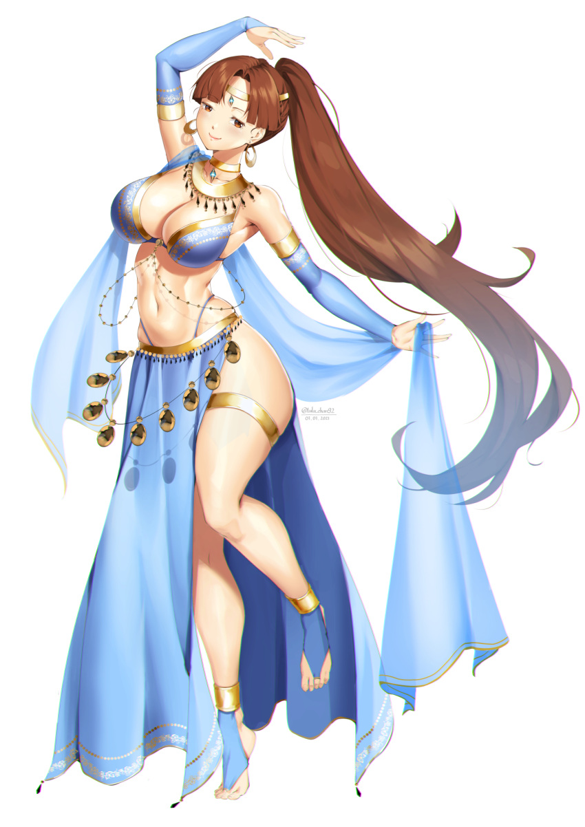 1girls belly_dancer belly_dancer_outfit brown_hair circlet cleavage dancer dancer_outfit dancing fingerless_gloves gloves harem_girl harem_outfit hazel_eyes large_breasts loincloth long_hair lots_of_jewelry lulu-chan92 plum_(tear_ring_saga) ponytail tear_ring_saga tear_ring_saga:_utna_heroes_saga thong voluptuous