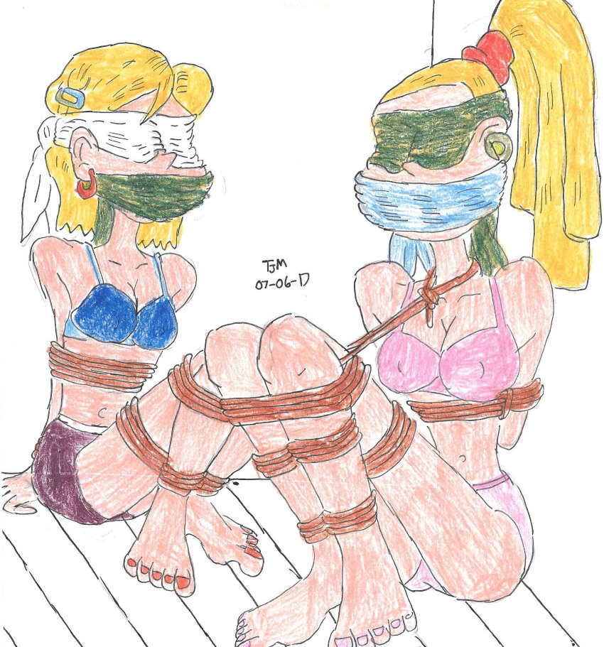 2girls all_grown_up angelica_pickles barefoot big_breasts blindfold blonde_hair bondage bound_and_gagged bra charlotte_pickles female female_only gag gagged godzilla713 mother_and_daughter multiple_girls nail_polish nickelodeon panties pink_nails red_nails rope_bondage rugrats tied_up toenail_polish toenails underwear what