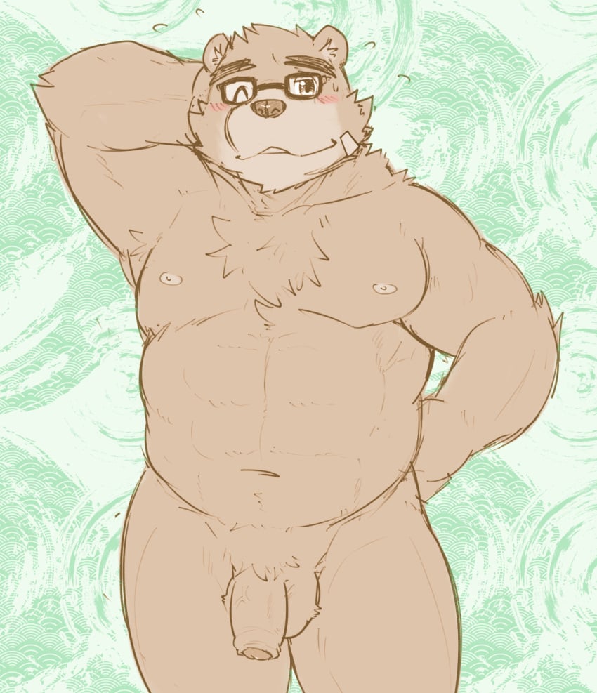 2021 anthro balls blush brown_body brown_fur eyewear flaccid fur genitals glasses goujuyu hi_res kemono male male_only mammal musclegut overweight_male penis solo solo_male tokyo_afterschool_summoners ursid video_games volos