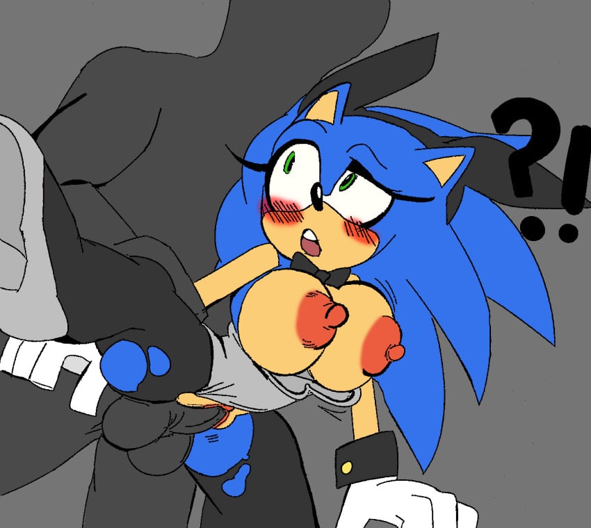 !? ?! anthro balls big_breasts blush bow_tie breasts bunnysuit duo edit female furry genitals hi_res low-angle_view male missphase monochrome nipples penis pussy rule_63 sega sonic_(series) sonic_the_hedgehog sonic_the_hedgehog_(series) sonique_the_hedgehog straight vaginal_penetration