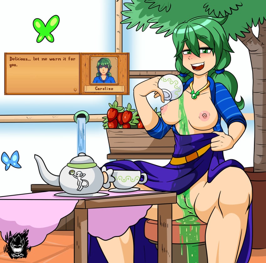 a_fucking_waste_of_tea anus caroline_(stardew_valley) dahs english_text female_only flashing garden green_hair hot_liquid medium_breasts open_clothes pink_nipples pussy smiling stardew_valley sunlight tea text tied_hair tree white_skin