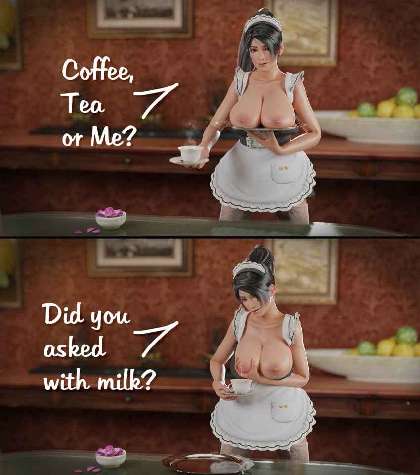 1girls 3d alicecry apron big_breasts black_hair breast_squeeze breasts breasts_on_tray breasts_out brown_eyes cleavage comic dead_or_alive deep_cleavage edit english_text female female_only huge_breasts human kunoichi lactating_in_cup lactation large_breasts maid maid_apron maid_headdress maid_outfit maid_uniform milk momiji_(ninja_gaiden) ninja_gaiden nipples nude nude_female presenting presenting_breasts solo standing stockings tea tecmo tray