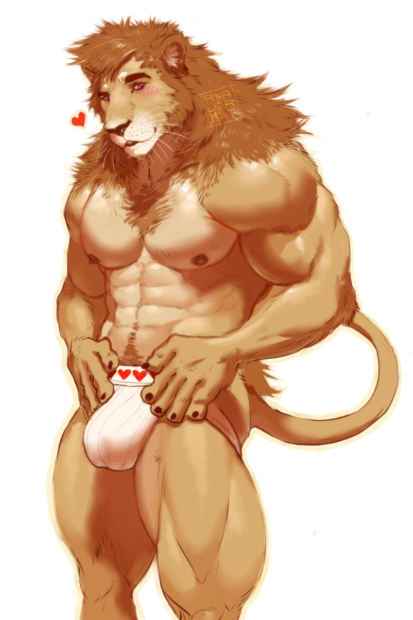 1boy 1male 2021 abs absurd_res anthro biceps blush bulge chest_fur claws clothed clothing detailed_bulge felid finger_claws fur genital_outline hair heart hi_res jockstrap leonine lion looking_aside male male_nipples male_only mammal mane mane_hair muscular muscular_anthro muscular_male nipples pantherine pecs penis_outline pinup pockyrumz portrait pose pubes quads red_eyes simple_background solo standing tan_body tan_fur three-quarter_portrait triceps underwear whiskers white_background white_underwear