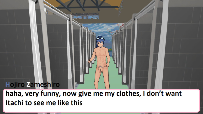 1boy abs angry annoyed bathroom beard blue_hair dialogue flaccid goatee goggles goggles_on_head hojiro_zameshiro locker_room male_only muscles muscular muscular_male nude nude_male pecs pubic_hair shower silver_eyes speech_bubble standing tagme yandere_simulator