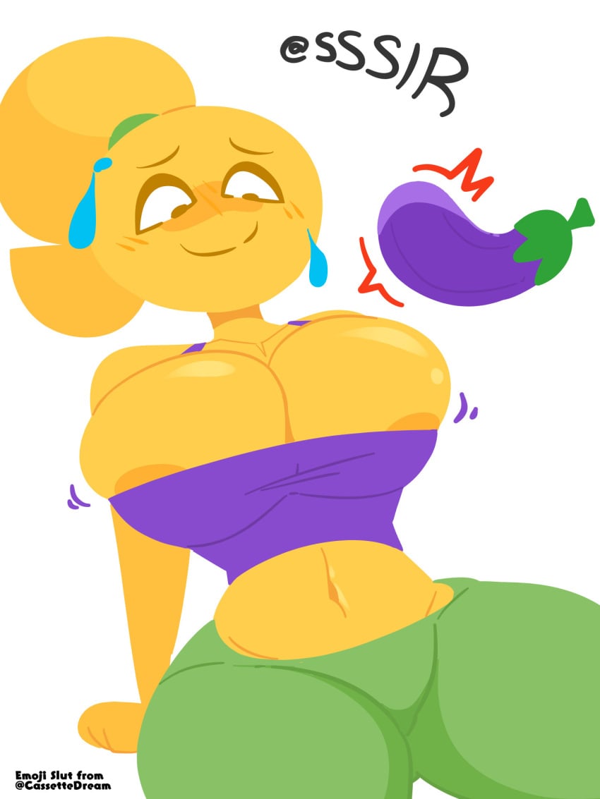 1girls accessory anthro areola_slip belly_button big_breasts blush breast_slip breasts cleavage cleavage_cutout cleavage_overflow clothed clothed_female clothing collarbone eggplant eggplant_emoji emoji emoji_(race) emoji_slut emojifam_(sssir8) female female_focus female_only green_pants hands_behind_back huge_breasts looking_at_breasts looking_down motion_lines nervous nervous_smile no_nude no_outlines orange_areola original_character ponytail purple_clothing sexually_suggestive simple_background sitting slobbyslapper smile solo solo_focus sssir sssir8 sweat sweatdrop sweatpants tank_top thick_thighs tight_clothing tight_pants tight_shirt white_background wide_hips yellow_body yellow_skin yoga_pants