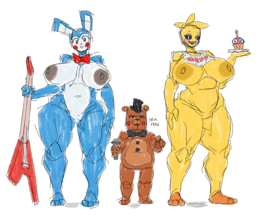 2021 animatronic anthro avian barefoot bib big_breasts bird blue_body bow_tie bow_tie_only breasts brown_body chicken colored_sketch curvy_figure dialogue feet female five_nights_at_freddy's five_nights_at_freddy's_2 galliform gallus_(genus) group hi_res huge_breasts lagomorph leporid little_hareboy machine male mammal mostly_nude nude phasianid rabbit red_bow_tie robot rule_63 text thick_thighs toy_bonnie_(fnaf) toy_chica_(fnaf) toy_chica_(lewd_hareboy) toy_freddy_(fnaf) ursid video_games voluptuous white_body wide_hips yellow_body