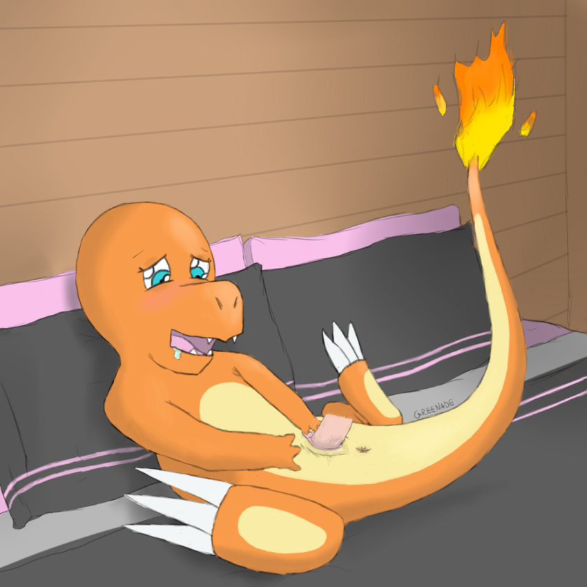 1:1 anus bed blush bodily_fluids charmander digital_drawing_(artwork) digital_media_(artwork) drooling erection female female_penetrated feral feral_penetrated fire flaming_tail furniture genital_fluids genitals greenade happy hi_res human human_on_feral interspecies lying male male/female male_on_feral male_penetrating mammal nintendo on_back open_mouth orange_body orange_skin penetration penis pillow pokémon_(species) poképhilia pokemon pussy pussy_juice reptile saliva scalie sex smile solo_focus vaginal_penetration video_games