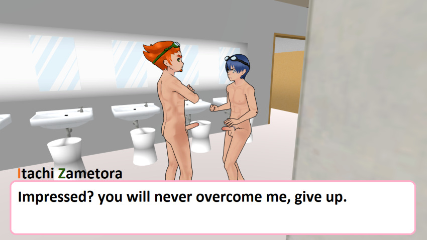 2boys angry annoyed arms_crossed bathroom beard blue_hair domination erection goatee goggles goggles_on_head green_eyes hojiro_zameshiro itachi_zametora locker_room male_domination male_only mirror naked nude nude_male orange_hair penis_size_difference pubic_hair silver_eyes sink standing tagme teasing yandere_simulator