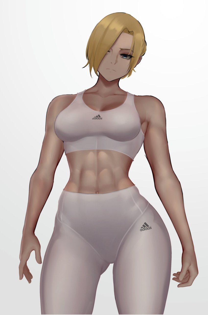 1girls abs adidas annie_leonhardt attack_on_titan before_sex big_breasts blonde_hair blue_eyes fat_thighs female female_focus female_only hair large_breasts looking_at_viewer muscular muscular_female shingeki_no_kyojin short_hair sports_bra sports_uniform white_pants white_yoga_pants wide_hips yoga_pants zaki_btw