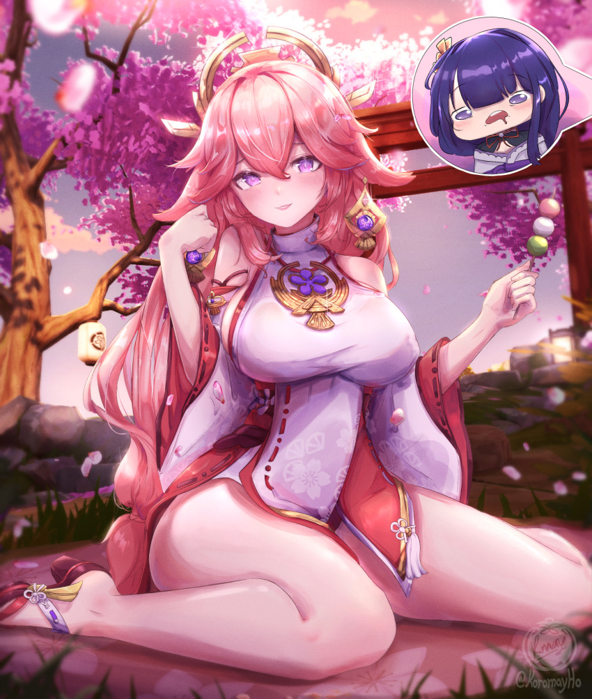 2girls absurd_res animal_ears artist_name bangs bare_shoulders blush bridal_gauntlets cherry_blossom_print cherry_blossoms cherry_tree chibi curvaceous curvy curvy_figure detached_sleeves drooling duo earrings falling_petals female female_focus female_only floppy_ears floral_print fox fox_ears fox_girl fox_tail full_body fully_clothed funny_face genshin_impact hair_ornament hi_res high_heels highres huge_breasts japanese_clothes jewelry kemonomimi kimono kitsune koromayho large_breasts light-skinned_female light_skin lipstick long_hair long_sleeves miko mochi mole nontraditional_miko outdoors outside parted_lips pink_hair pink_lipstick purple_eyes purple_hair raiden_shogun red_footwear ribbon-trimmed_sleeves ribbon_trim shiny shiny_clothes shouji shrine_maiden sideboob sidelocks sleeveless_shirt sleeves_past_wrists smile solo solo_female solo_focus spoken_question_mark suprised teeth thick_thighs tiara turtleneck very_long_hair voluptuous watermark white_kimono white_sleeves wide_hips yae_miko