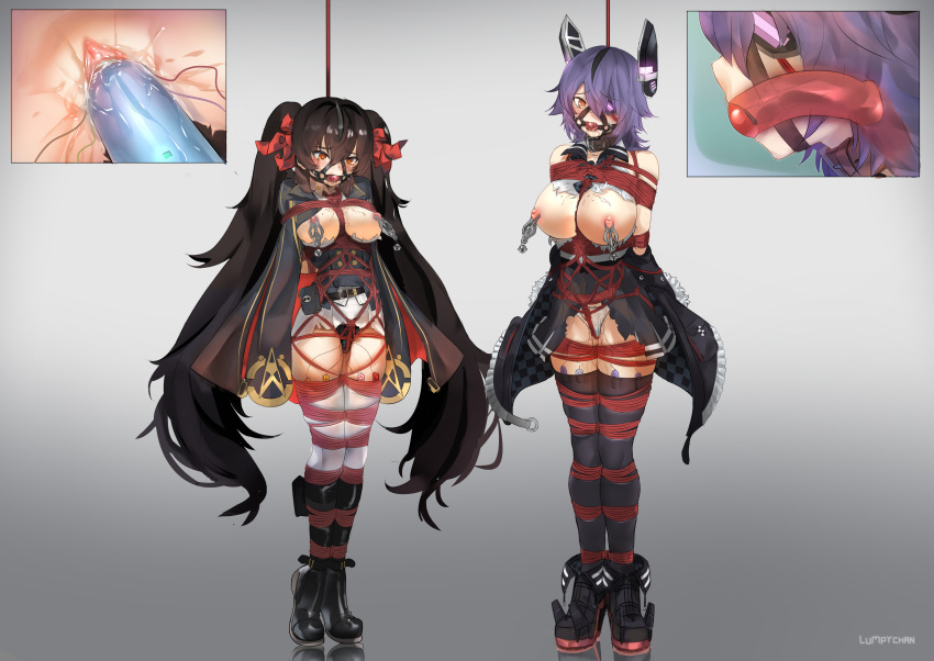 2girls absurdres arms_behind_back ball_gag black_panties blush bondage bound bound_ankles bound_arms bound_legs breasts breasts_out brown_eyes brown_hair clothed_female collar crotch_rope eyepatch female female_only femsub gag gagged girls'_frontline hair_ribbon highres inset kantai_collection long_hair looking_at_viewer lumpychan multiple_girls multiple_subs nipple_clamps nipple_weights nipples panties purple_hair pussy red_ball_gag red_rope ribbon rope saliva short_hair tears tenryuu_(kantai_collection) tied_up torn_clothes twintails type_97_(girls'_frontline) uncensored vaginal_insertion vaginal_penetration very_long_hair vibrator vibrator_under_panties weights_(bdsm) white_panties