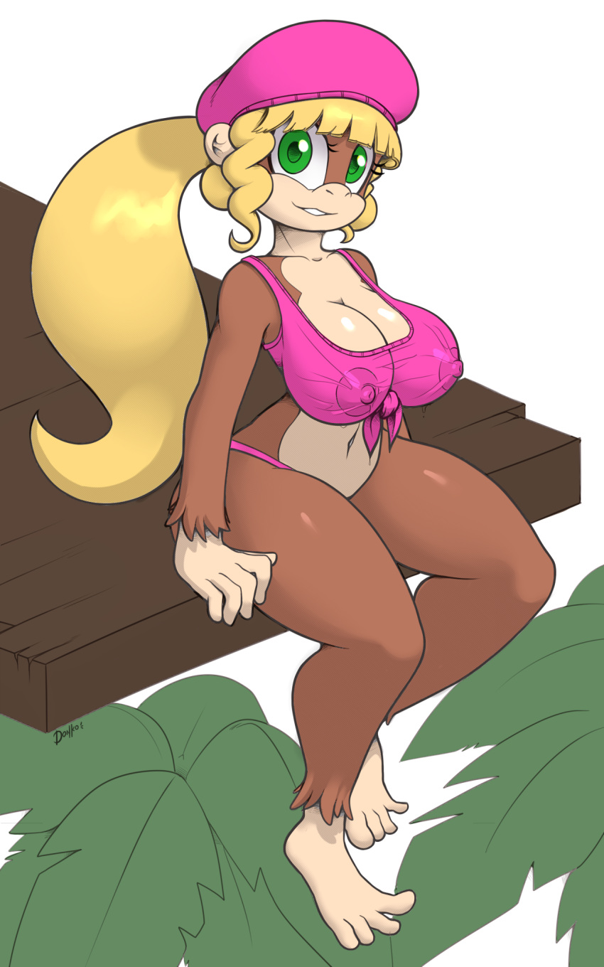 1girls anthro beret big_breasts bimbo blonde_hair breasts brown_fur cleavage clothing dixie_kong don_ko donkey_kong_(series) donkey_kong_country_2 feet female female_only green_eyes hair haplorhine hat headgear headwear hourglass_figure kong long_hair mammal monkey nintendo nipples panties ponytail primate simple_background sitting thick_thighs tree video_games white_background