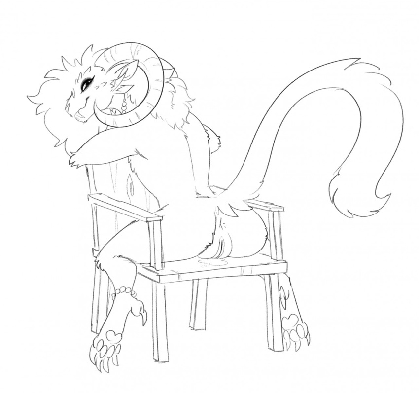 2021 anthro anus ass bodily_fluids charr dewclaw digitigrade felid female genital_fluids genitals guild_wars halbean hi_res horn looking_at_viewer looking_back looking_back_at_viewer mammal monochrome pawpads paws presenting presenting_hindquarters pussy pussy_juice raised_tail solo vex_(halbean) video_games