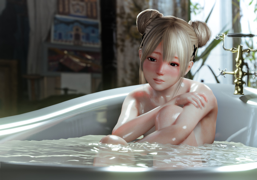 3d alternate_hairstyle bath bathing bathtub black_eyes blender_(software) blonde_hair blue_eyes dead_or_alive dead_or_alive_5 double_bun hair_ornament marie_rose nude odemdmj solo x_hair_ornament