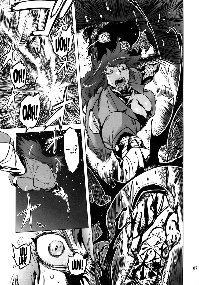 absorbtion akane_mizuki blood bodysuit doujinshi drill_jiru fight getter_robo getter_robo_daikessen! long_hair monochrome powering_up rule_63 ryoma_nagare speech_bubble sword text void